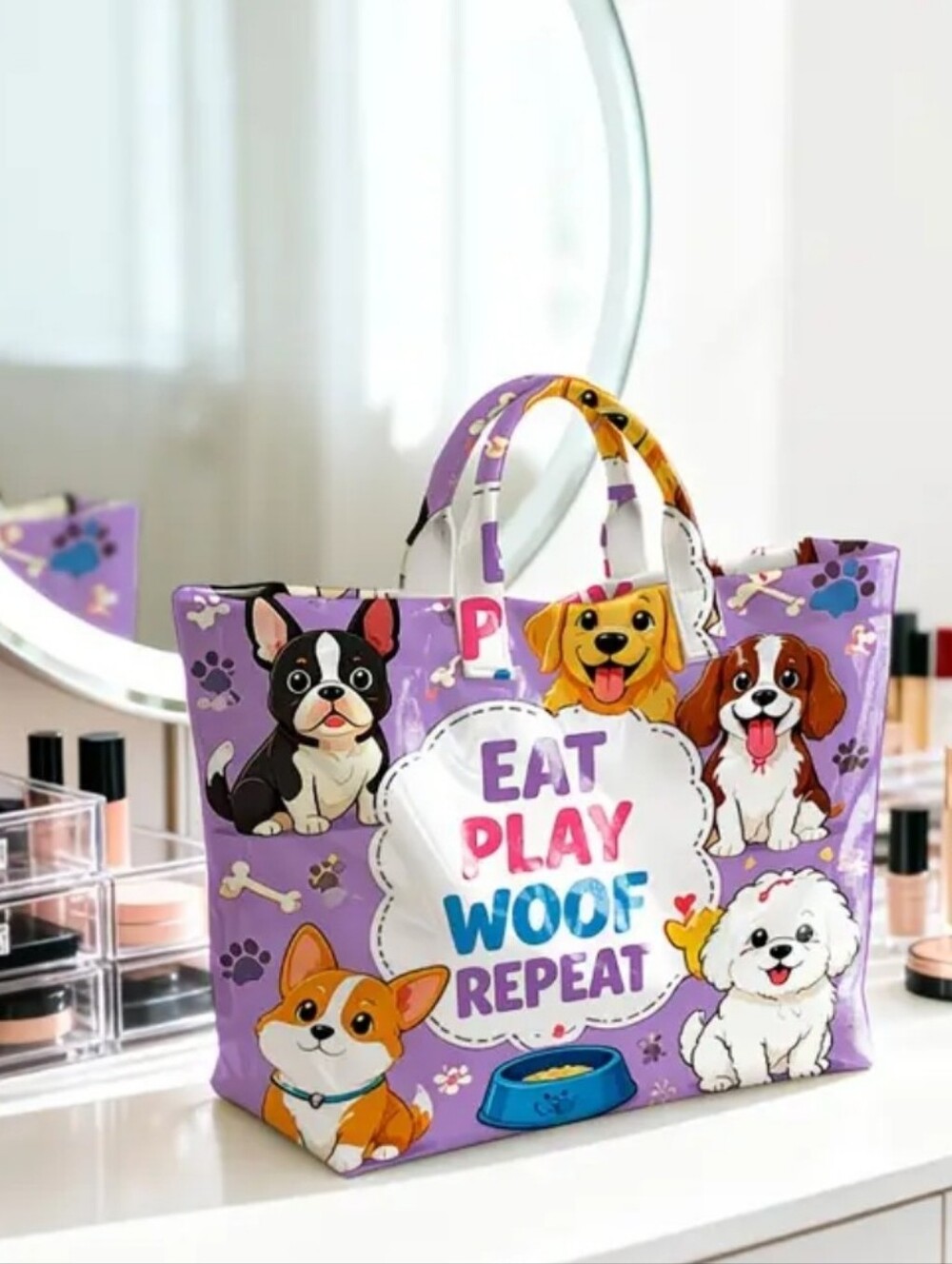 Cute Dog Print Daily Commute PVC Hand Tote Bag Large